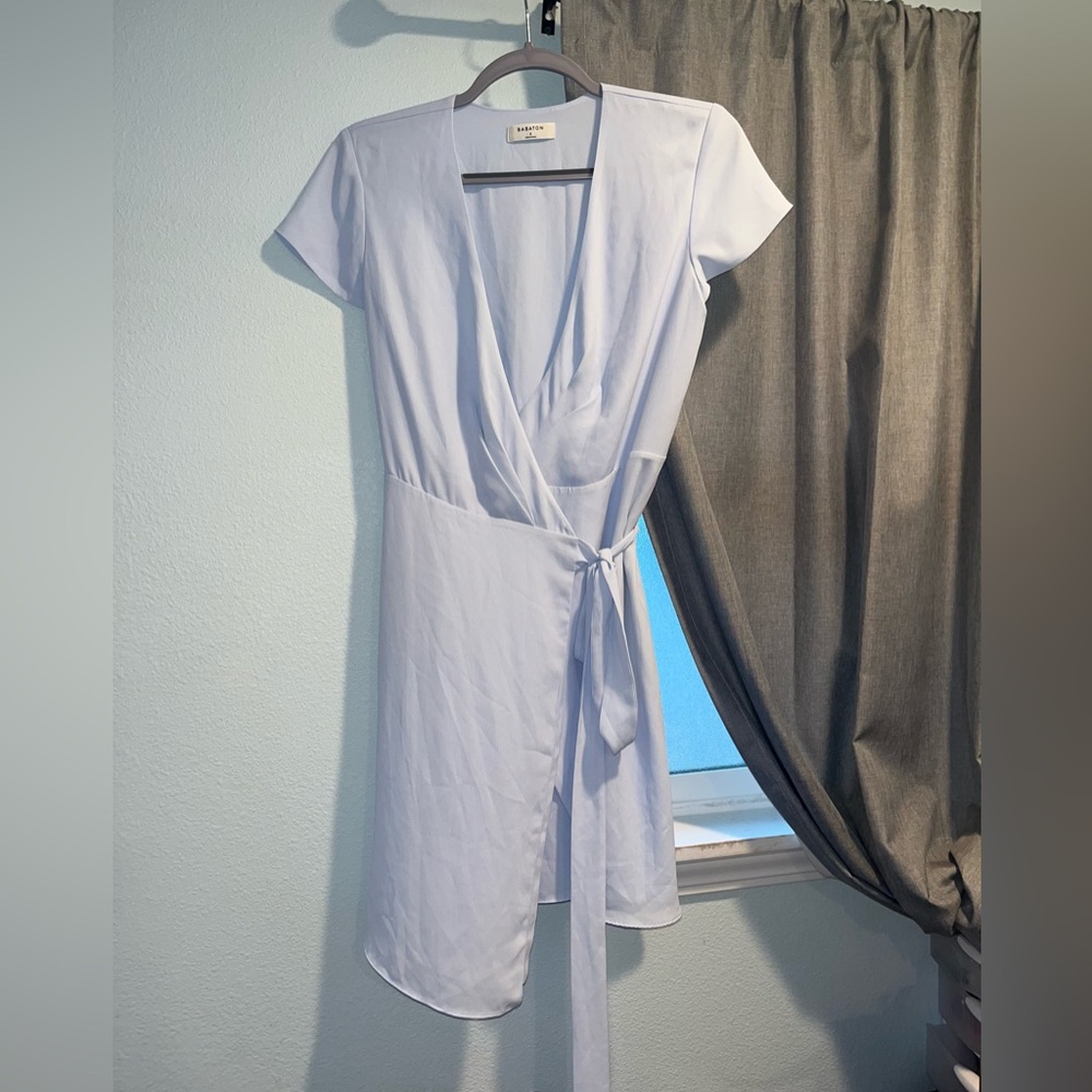 Babaton Light Blue Wrap Dress Aritzia Tie Waist Mini
